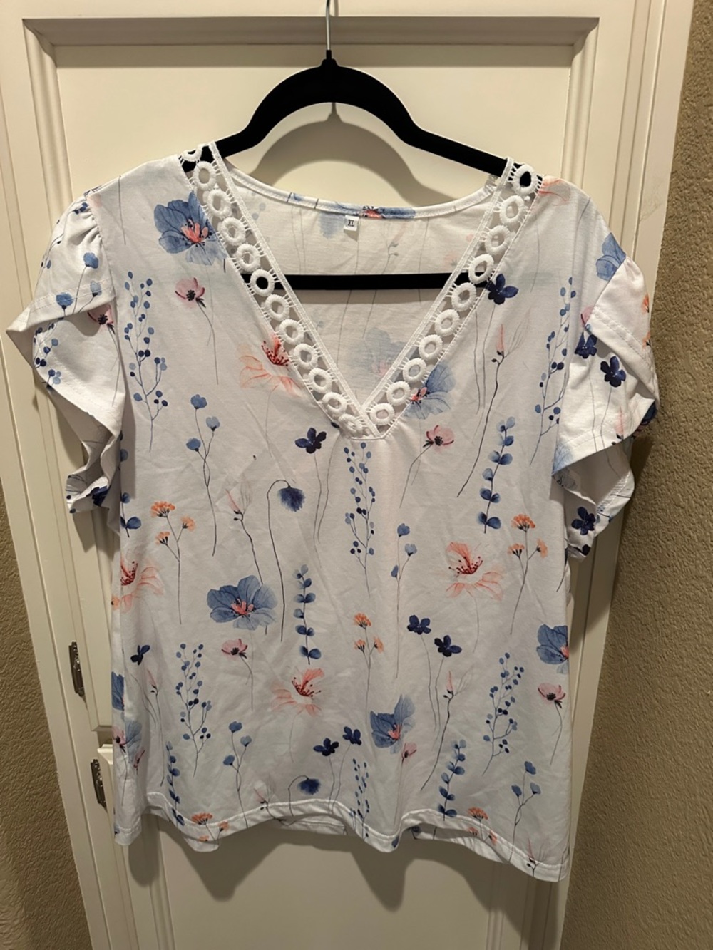 Amazon White Floral V-Neck Eyelet Trim Blouse with Blue and Pink Accents